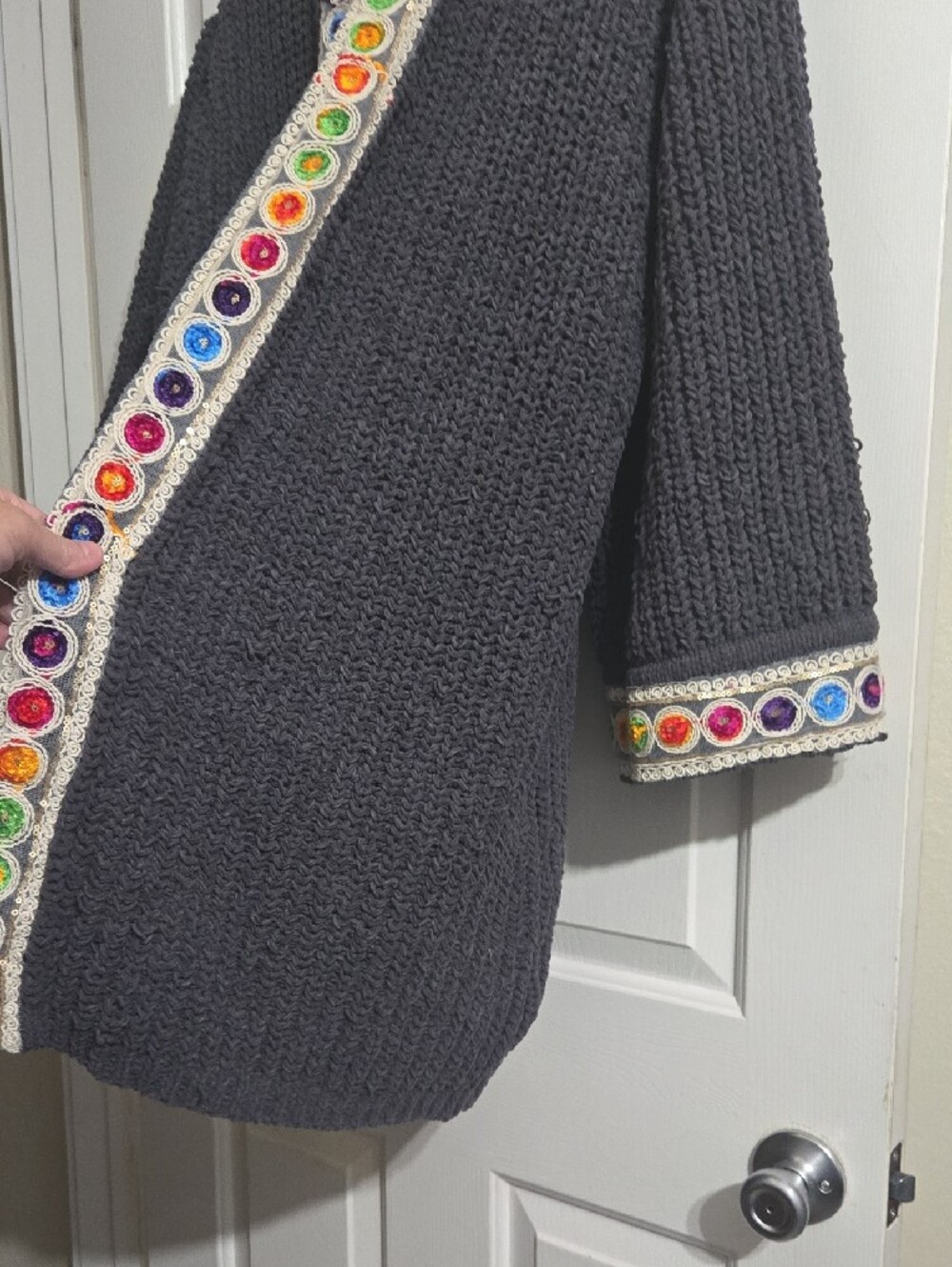 POL Charcoal Open Knit Cardigan with Rainbow Trim - Picture 5 of 8